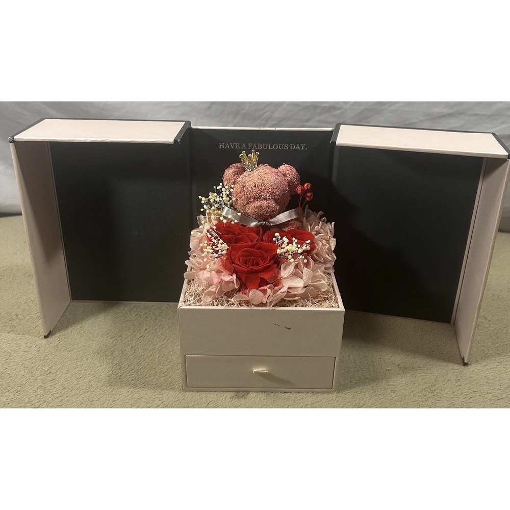 Rose Teddy Bear Jewelry Gift Box Drawer Red Roses Pink Bear Crown Decor